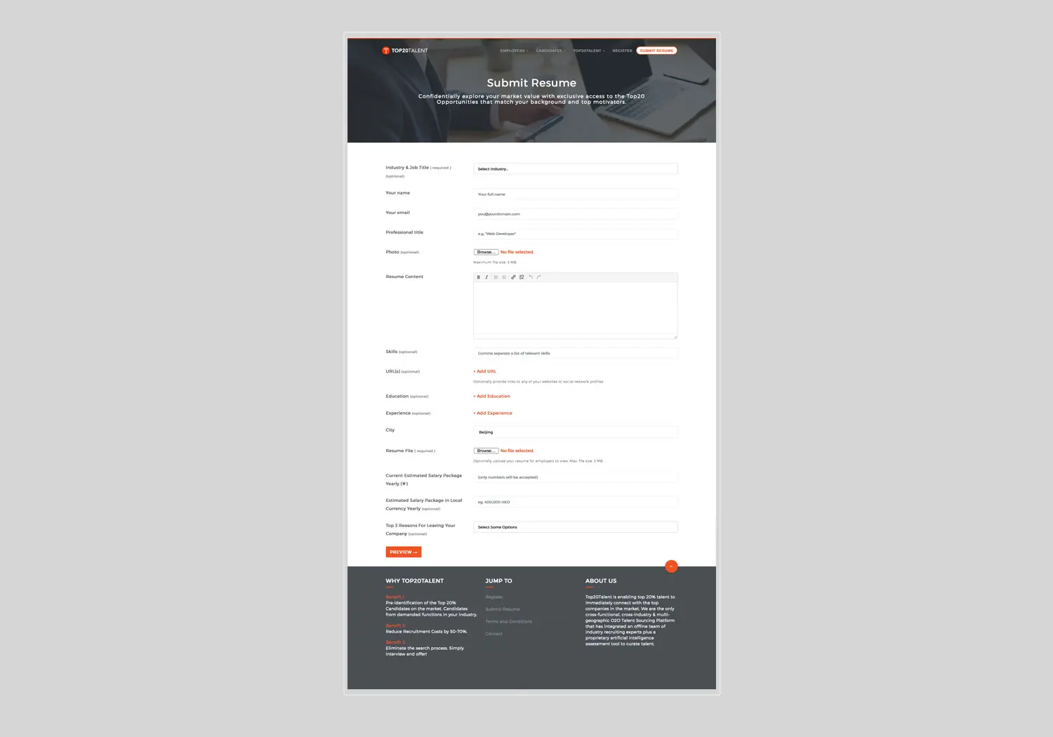 Project work image for Top20Talent : Resume Submission Form